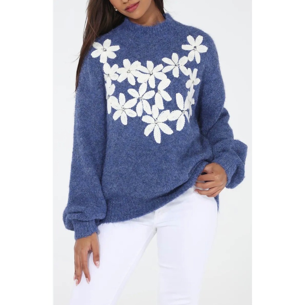 Rain + Rose Juniper Blue‎ Floral Embroidered Wool Pullover Sweater Women Size M